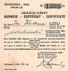 Účastenský lístek bratra Jakova<br>z jamboree v Maďarsku (1933) |<br>foto: archiv střediska 24 Sever