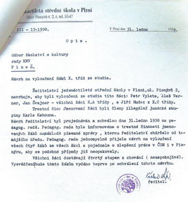 Návrh na hromadné vyloučení provinilých žáků jedenáctiletky v ulici Pionýrů v Plzni z 31. ledna 1958, adresovaný Krajskému národnímu výboru v Plzni. | SOA v Plzni